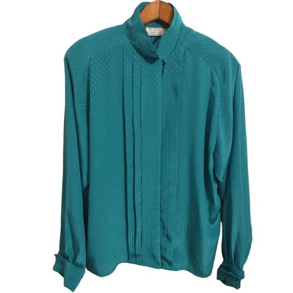 High Neck Pleated Flowy Blouse Sz M 10 Silky Regency Office Siren Corpcore Vtg - Picture 8 of 16